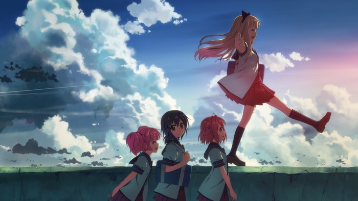 Anime girls in school uniforms walking on a wall with clouds