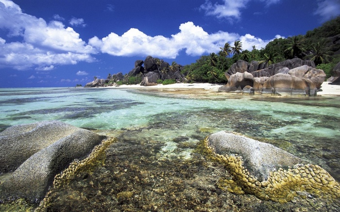 Tropical beach with granite boulders and clear turquoise water