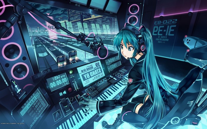 Hatsune Miku at a futuristic train station control panel