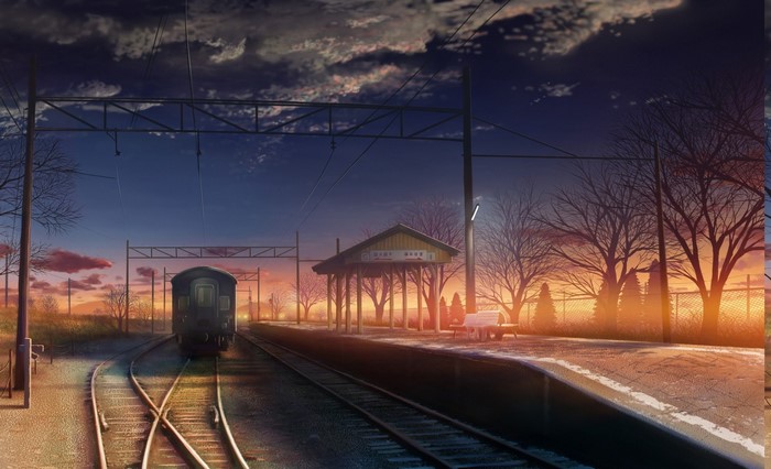 Anime train station at sunset