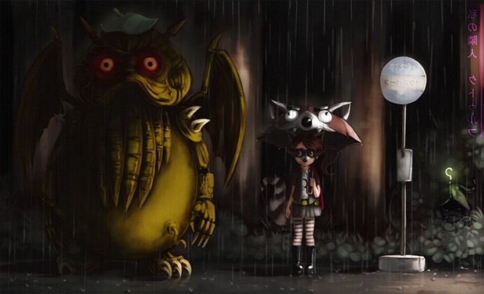Cthulhu and girl with raccoon umbrella in the rain
