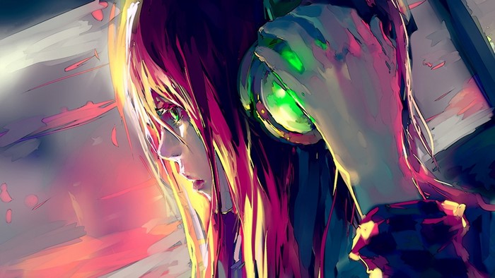 Anime girl with headphones and green eyes