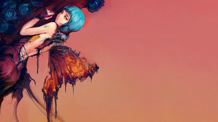 Anime girl with blue hair and butterfly wings