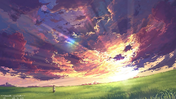 Anime sunset with sun rays over a field