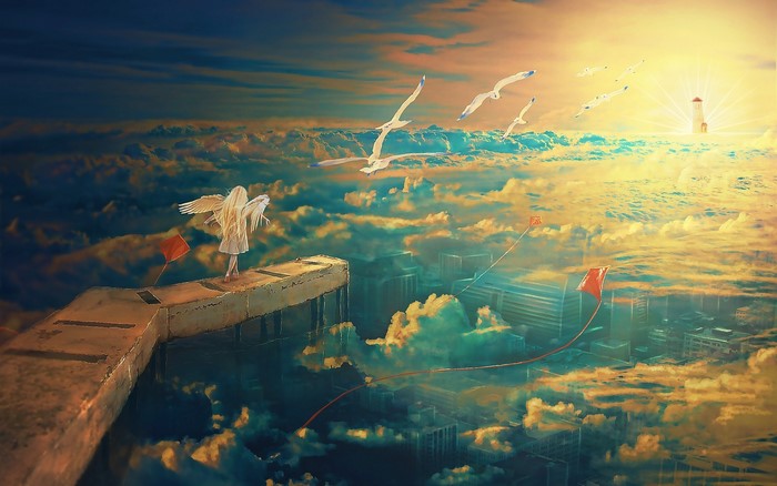 Anime fantasy art of an angel with kites over a city