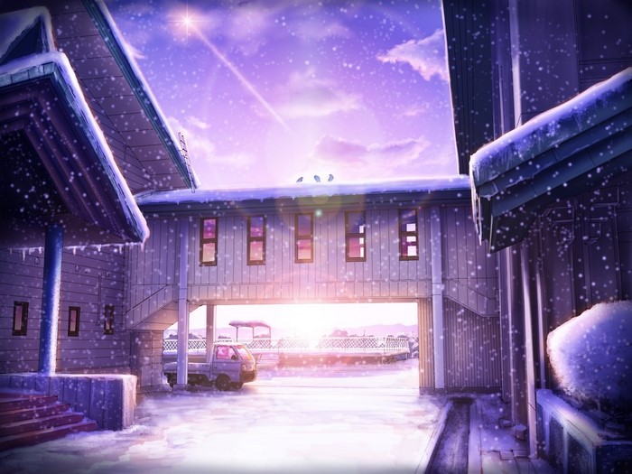 Anime winter landscape with snow and sunlight