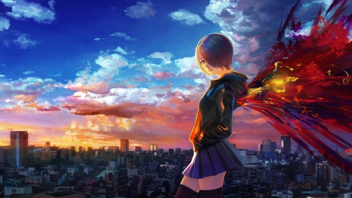 Touka Kirishima from Tokyo Ghoul overlooking a city at sunset