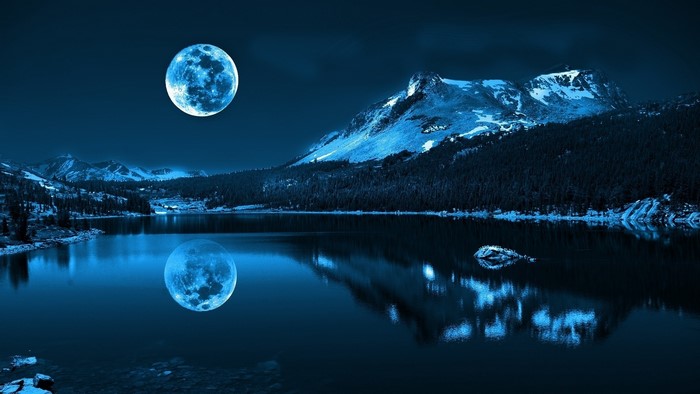 Blue Moon Over Mountain Lake at Night