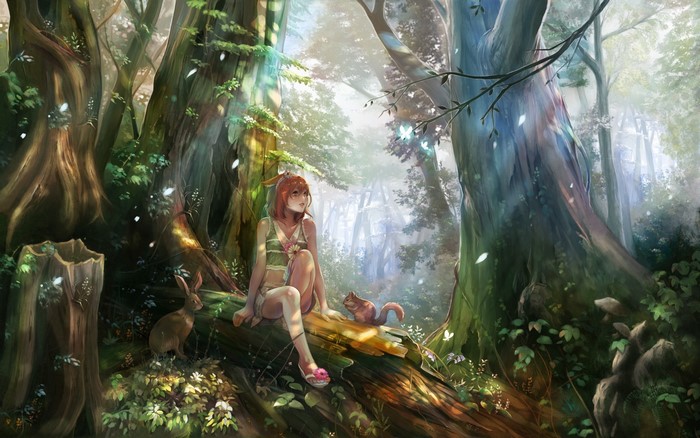 Anime girl with rabbit and squirrel in a magical forest