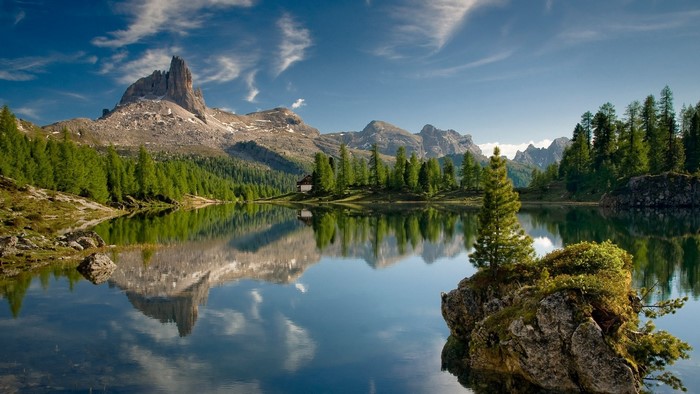 Lake with mountains and trees reflected in water