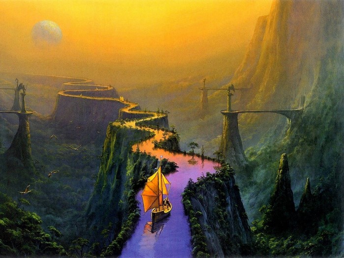 Fantasy river boat sailing through mountains