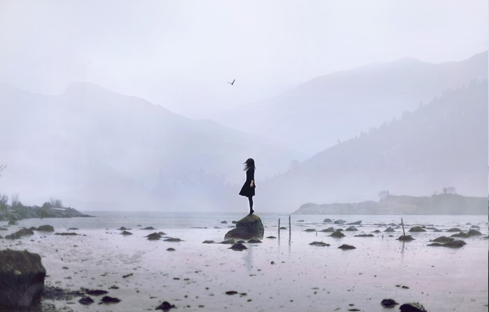 Woman standing on rock in foggy landscape