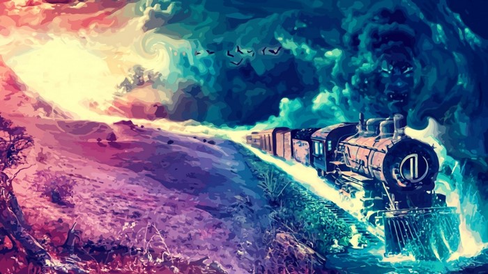 Fantasy train journey through colorful landscape