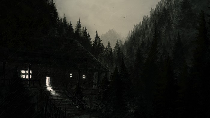 Dark forest with a cabin during a rainstorm