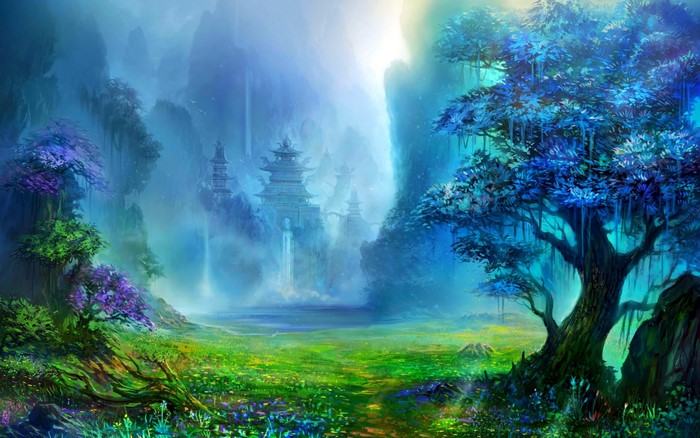 Fantasy landscape with Asian architecture and blue trees