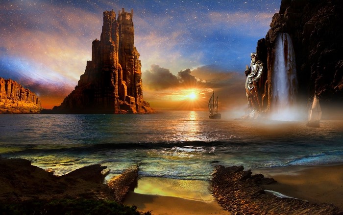 Fantasy landscape with castle, waterfall, statue, and sailboats at sunset