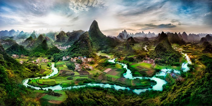 Karst landscape with river and villages in China