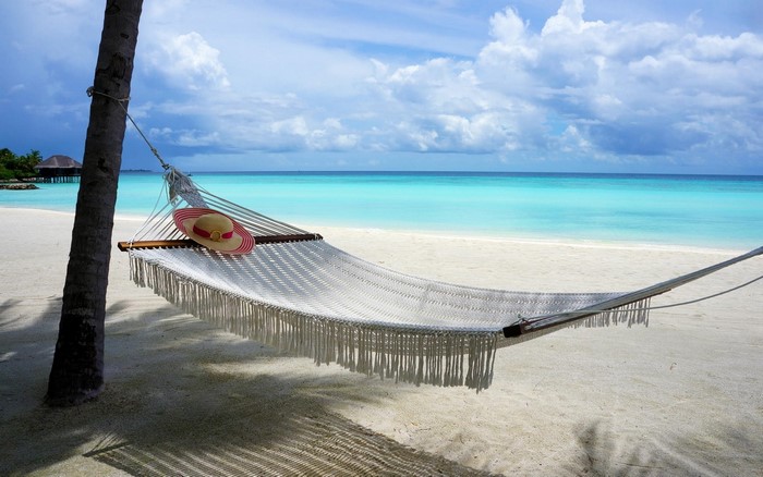 Hammock on a tropical beach with turquoise water