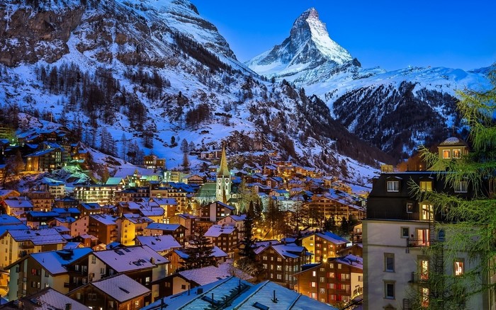 Zermatt village at dusk with Matterhorn mountain