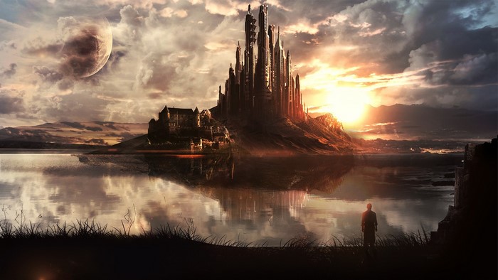 Fantasy castle on a hill with a moon and sunset