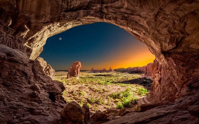 Sunrise View from Arches National Park Cave in Utah