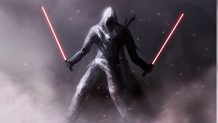 Sith Lord with two red lightsabers in a smoky environment