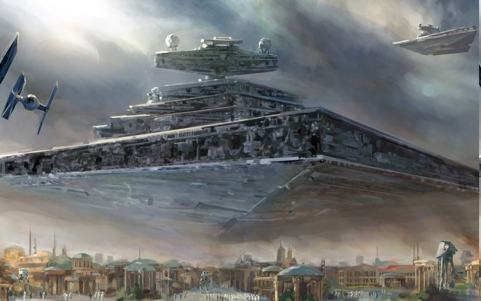 Star Wars Star Destroyer and TIE Fighters over City