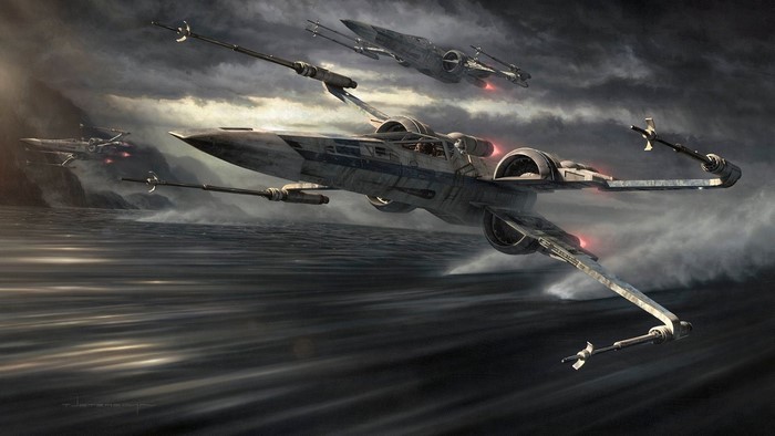 X-wings flying over the ocean in Star Wars
