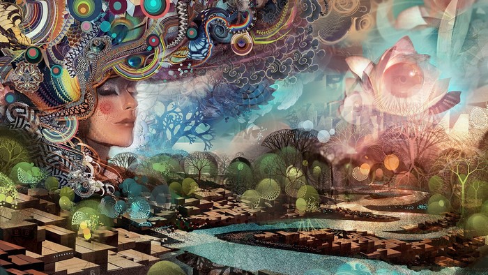 Digital art painting of a woman with ornate headdress and abstract landscape