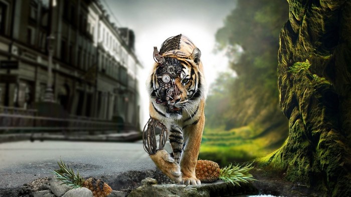 Steampunk Tiger in Urban and Forest Landscape