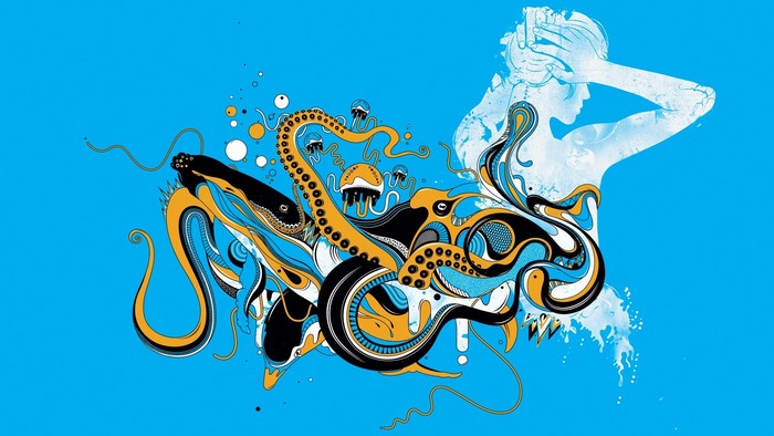 Abstract underwater scene with whale, octopus, and jellyfish