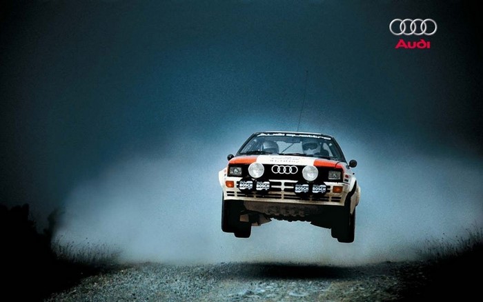 Audi Sport Quattro S1 Rally Car in Mid-Air