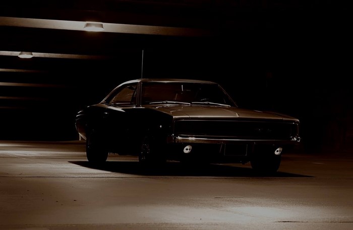 1970 Dodge Charger RT muscle car in parking garage