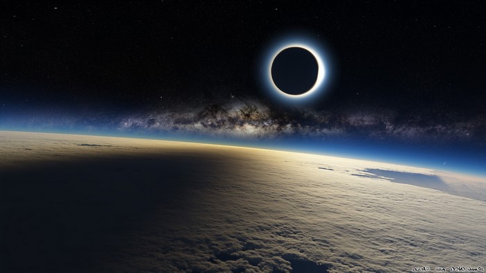 Solar eclipse over Earth with Milky Way