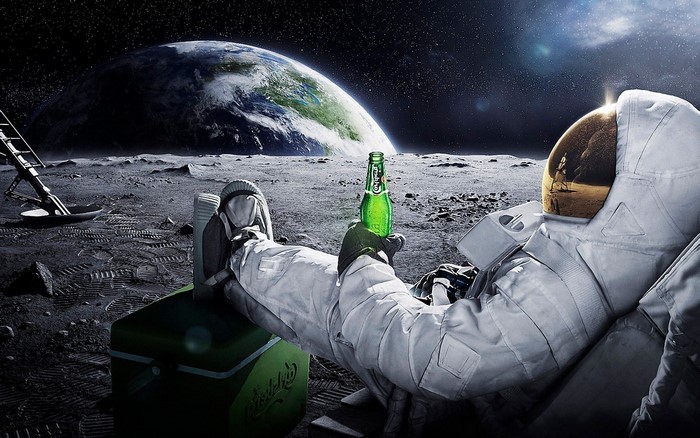 Astronaut drinking Carlsberg beer on the Moon with Earth in background