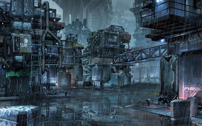 Cyberpunk industrial city in rain