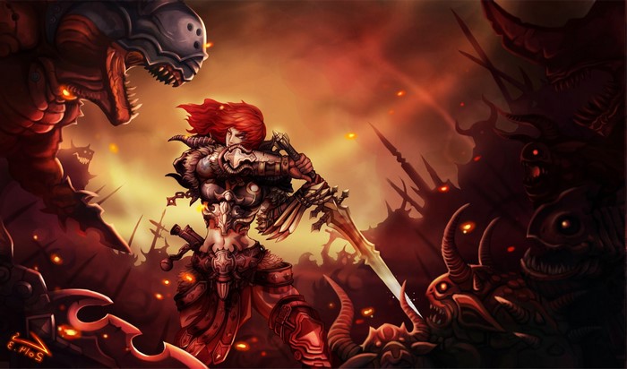Warrior woman fighting demons with a sword
