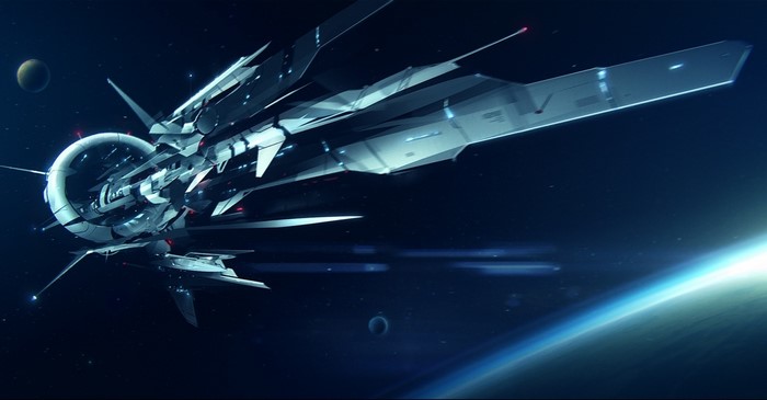Futuristic spaceship in deep space with planets