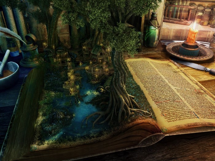 Fantasy book with a miniature village and forest