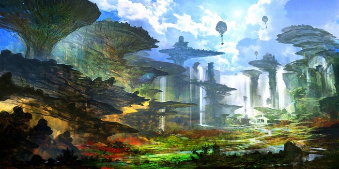 Fantasy landscape with futuristic trees and waterfalls