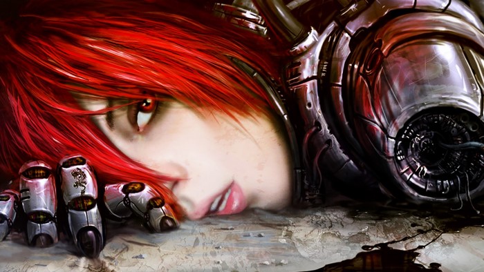 Cyborg woman with red hair and mechanical arm