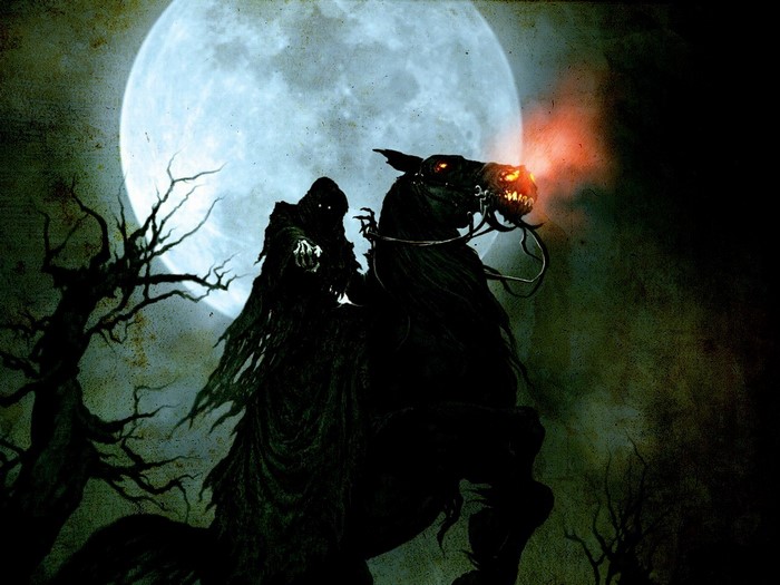 Nazgûl on horseback under a full moon