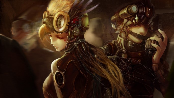 Steampunk fantasy art of two women in elaborate gear