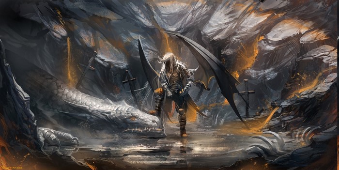 Fantasy art of a winged figure and a dragon in a cave