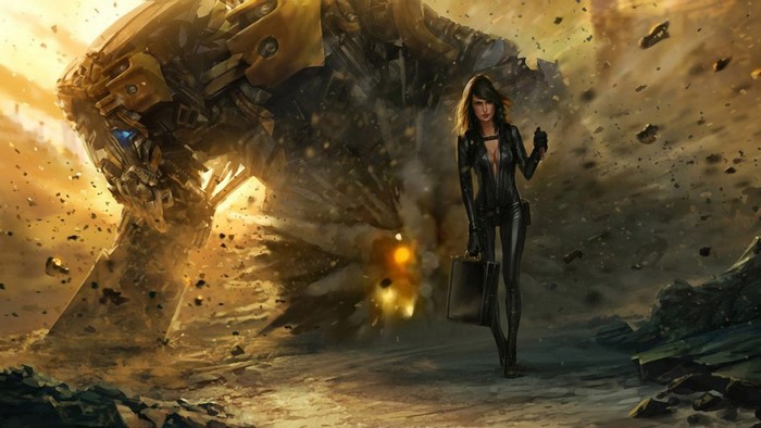 Woman in black bodysuit with briefcase near destroyed robot