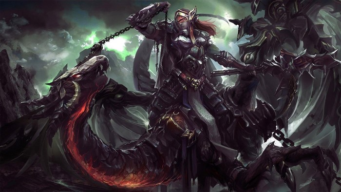 Warrior riding a dragon with chains
