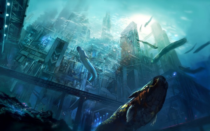 Underwater futuristic city with sea creatures