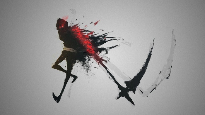 Grim Reaper artwork with red and black abstract style