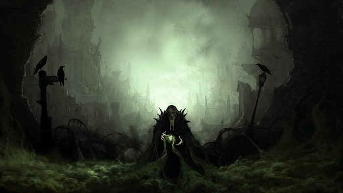 Dark fantasy art of a sorcerer with a glowing orb