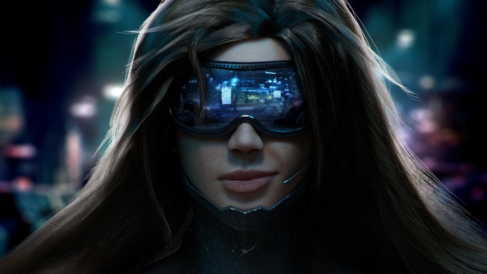 Woman with futuristic goggles and headset